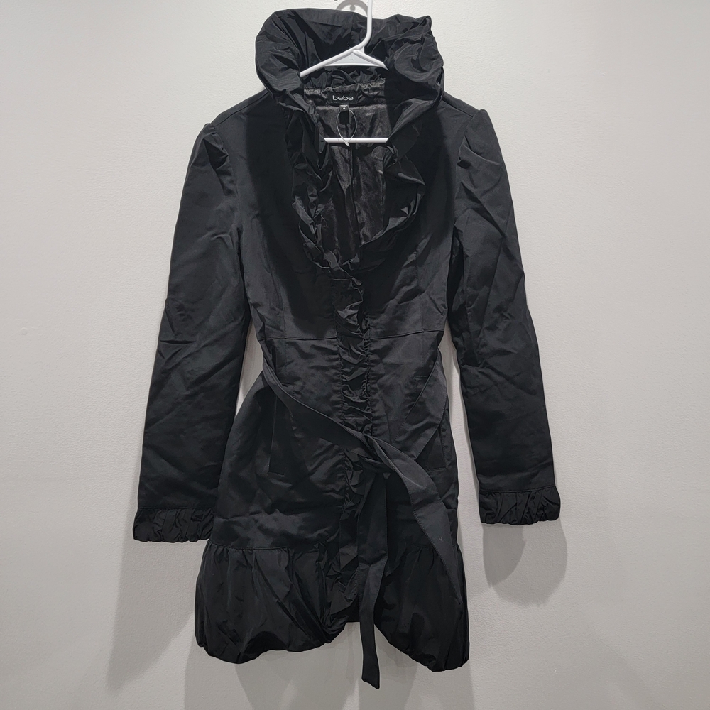 bebe Stylish Black Ruffle Trench Coat